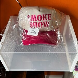 Cream and Fuchsia Embroidered Trucker Hat